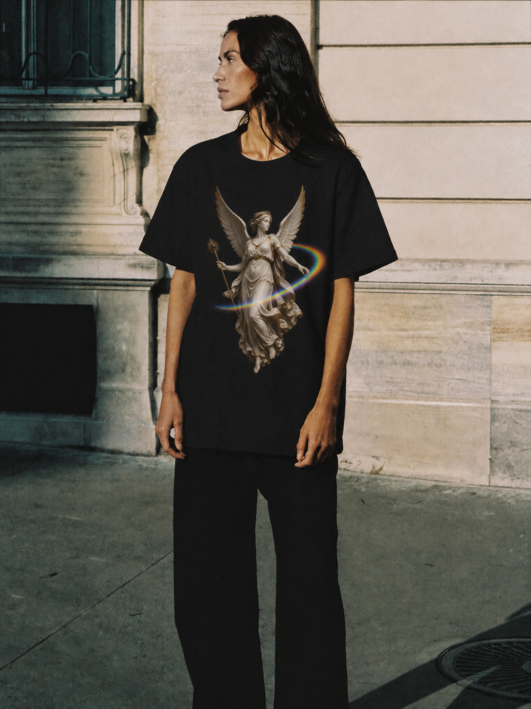 Iris Prism Arc black T-shirt — female Athens lifestyle shot 04
