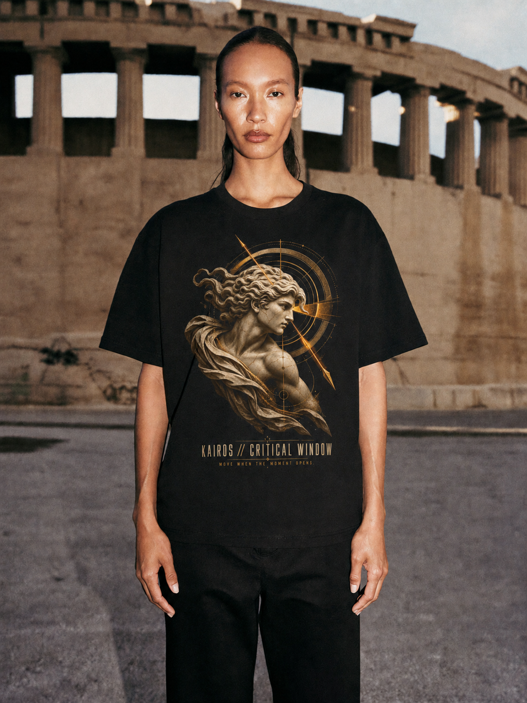 Kairos Critical Window black T-shirt — female Athens lifestyle shot 04