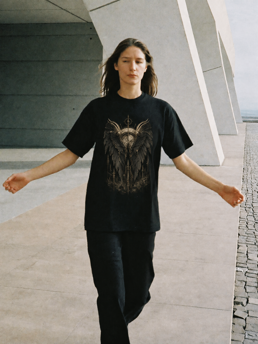 Keres Black Wings black T-shirt — female Athens lifestyle shot 04