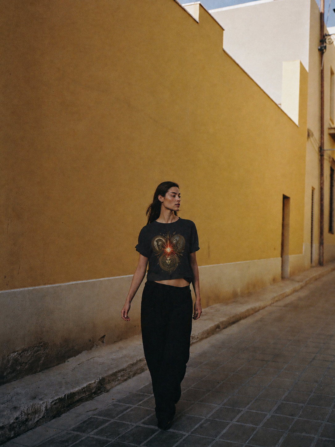 Kouretes Shield Circle black T-shirt — female Athens lifestyle shot 04