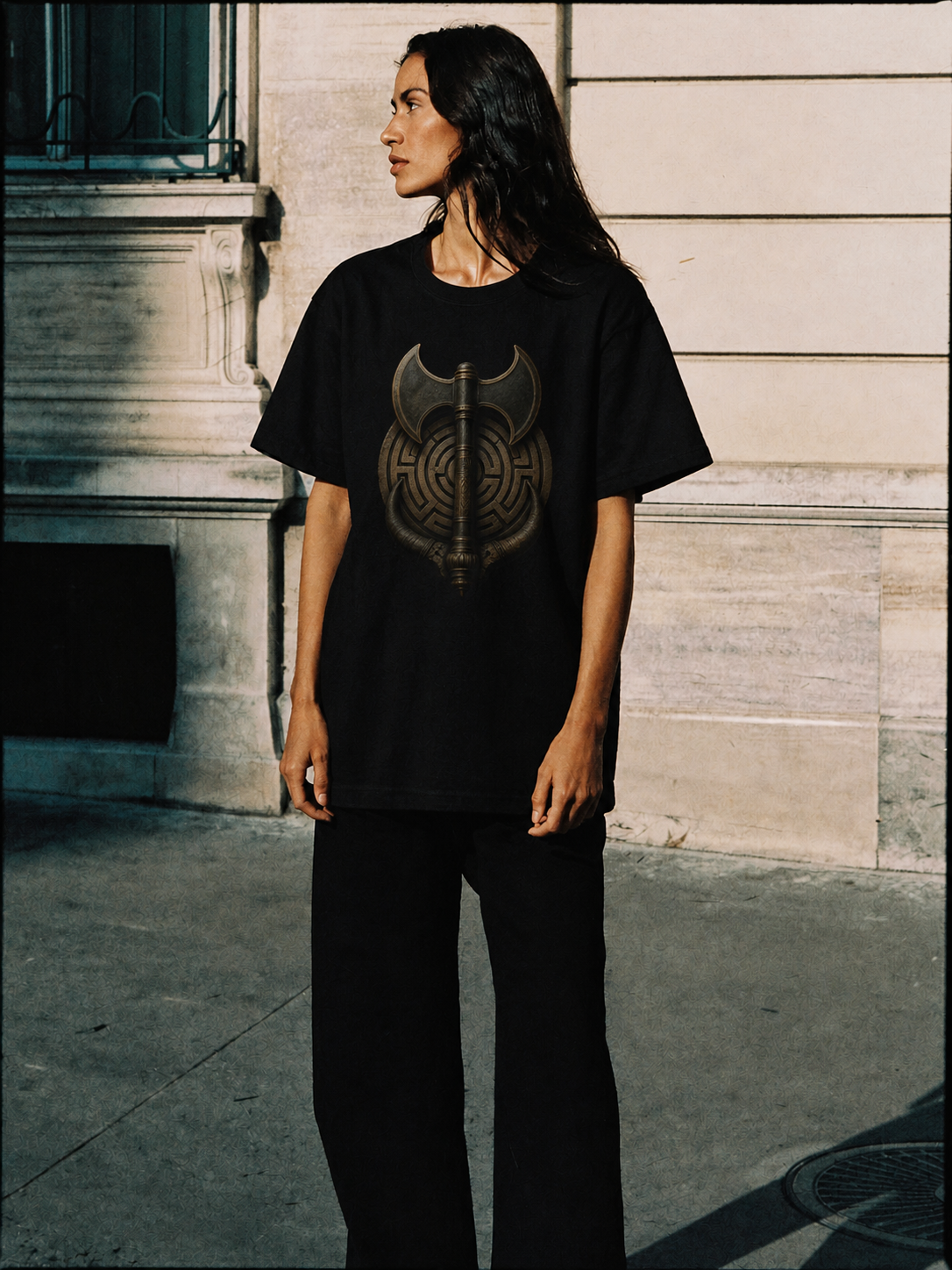 Labrys of Knossos black T-shirt — female Athens lifestyle shot 04