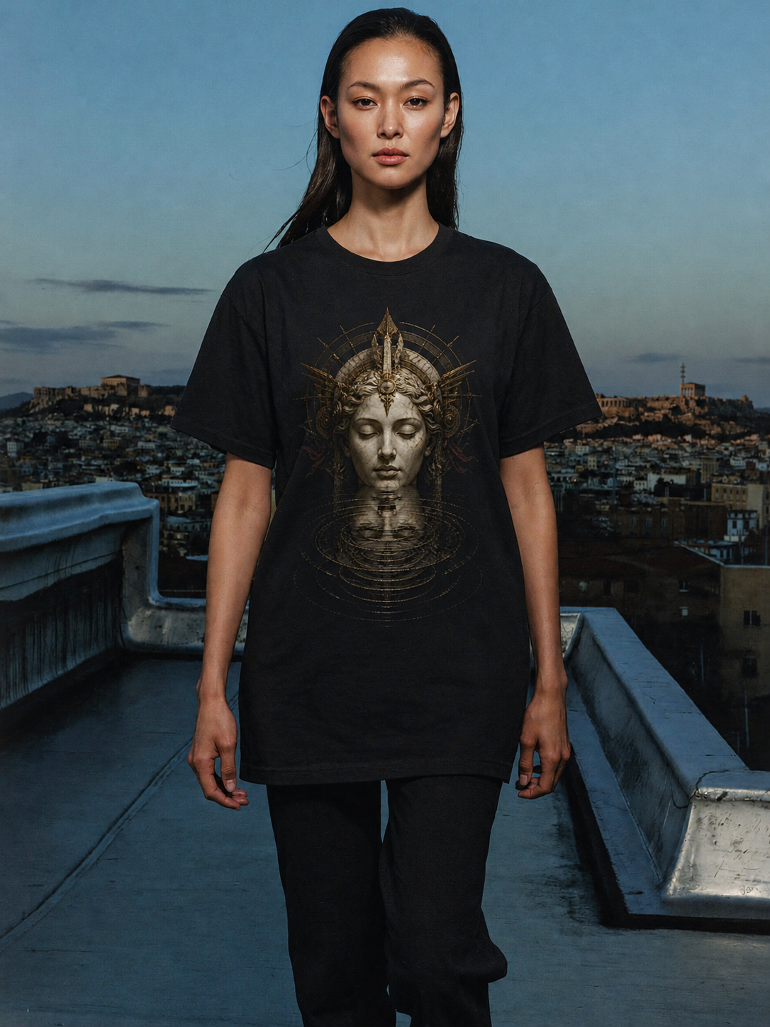 Lethe Vanishing Reflection black T-shirt — female Athens lifestyle shot 04