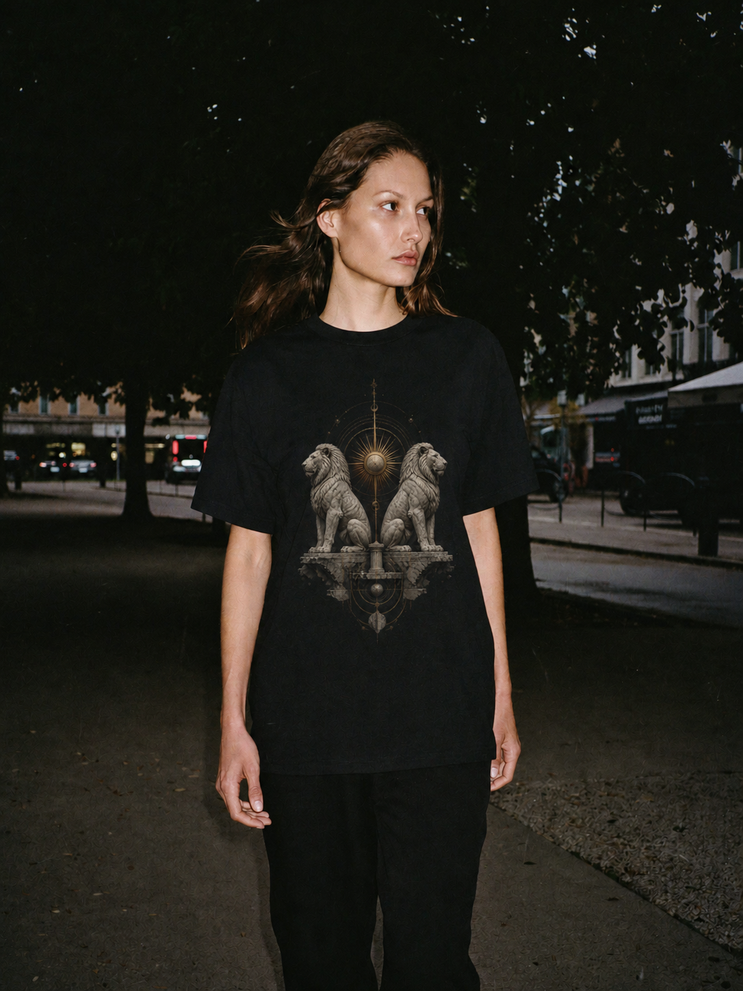 Lions of Delos black T-shirt — female Athens lifestyle shot 04