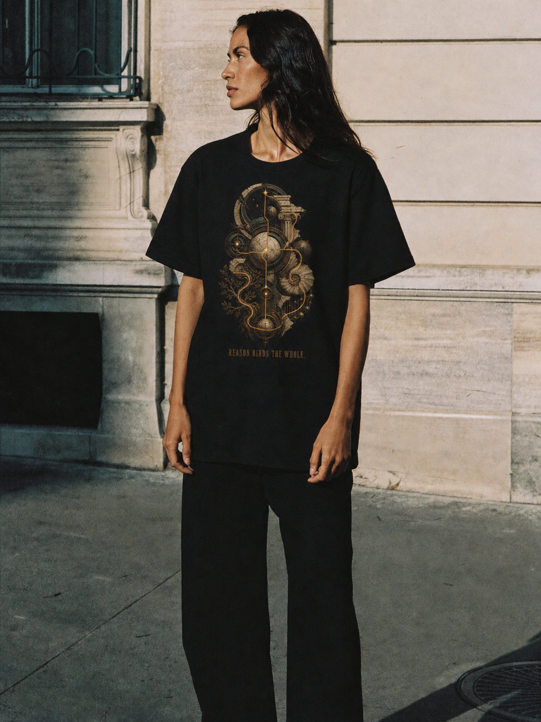 Logos Coherent Order black T-shirt — female Athens lifestyle shot 04