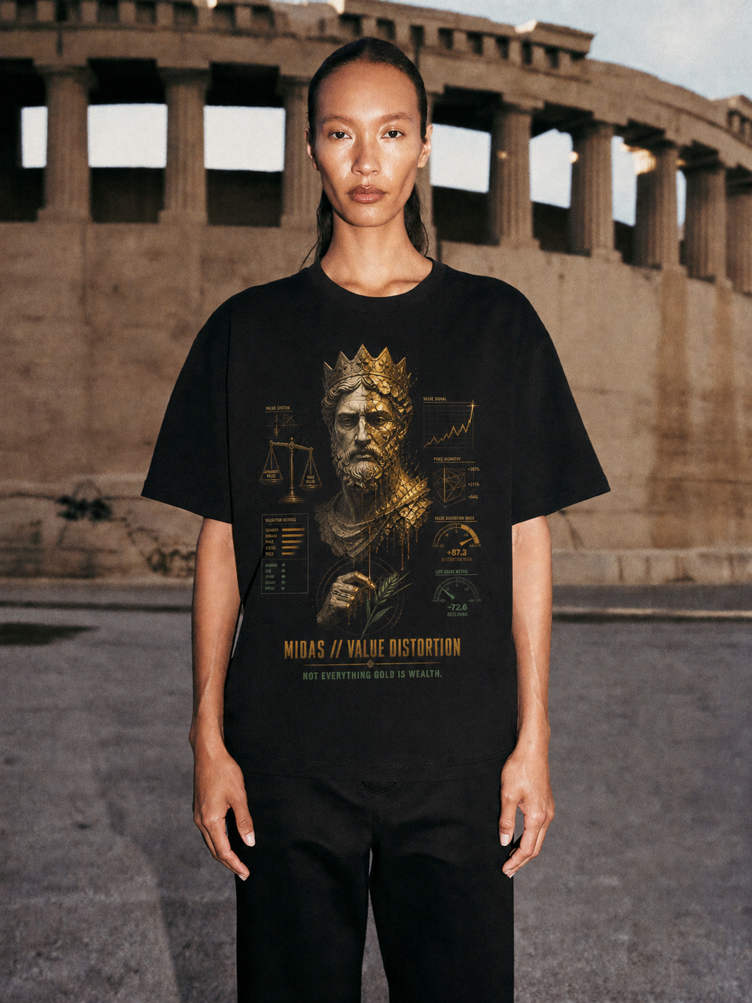 Midas Value Distortion black T-shirt — female Athens lifestyle shot 04