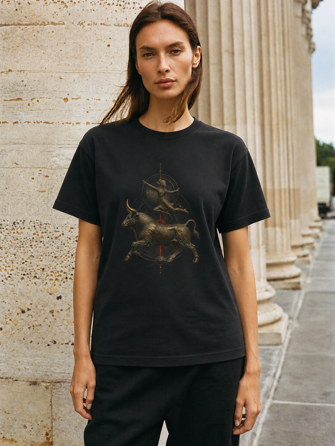 Minoan Bull Leap black T-shirt — female Athens lifestyle shot 04