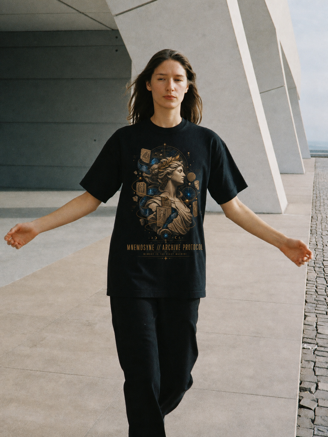 Mnemosyne Archive Protocol black T-shirt — female Athens lifestyle shot 04