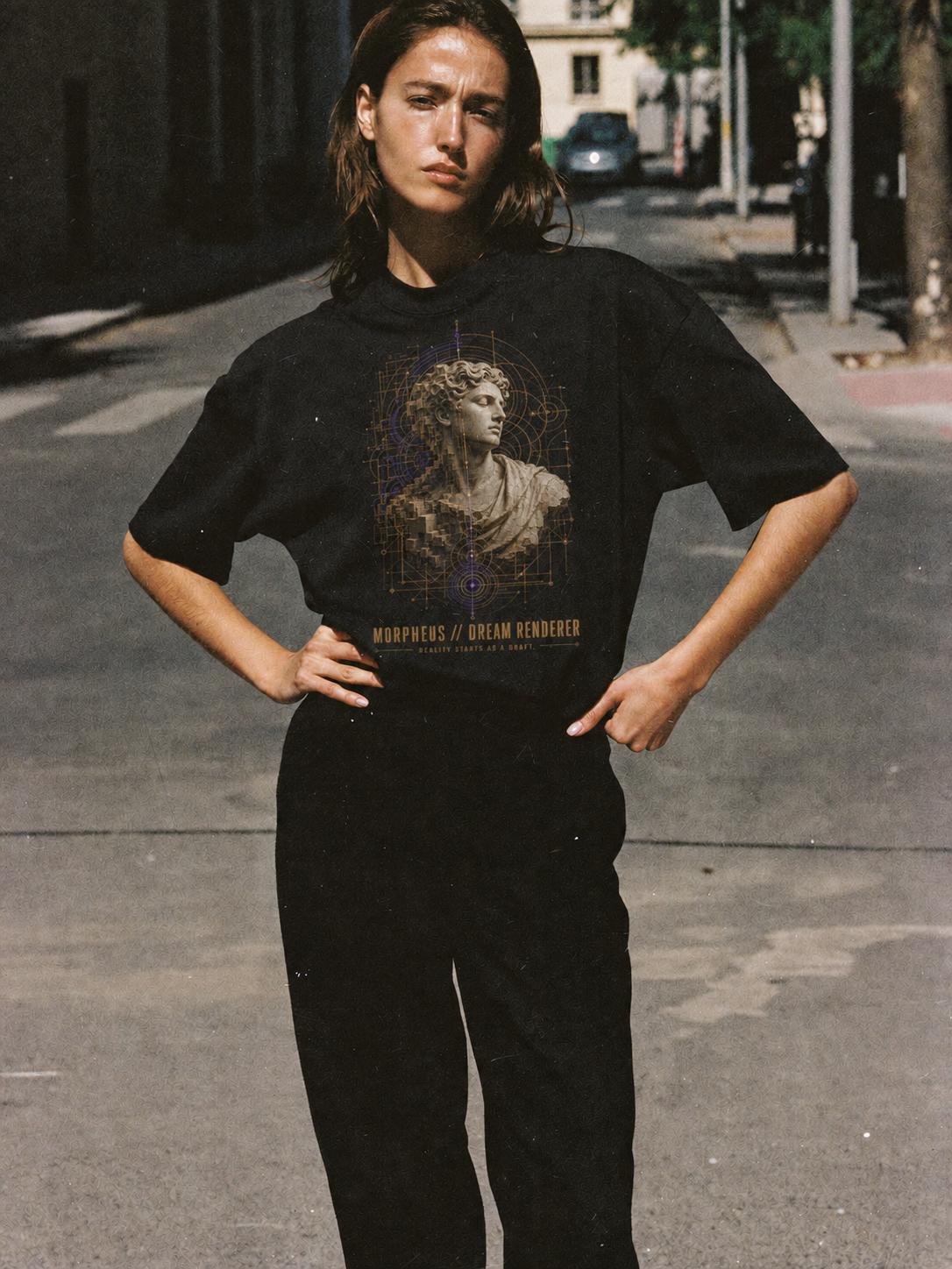 Morpheus Dream Renderer black T-shirt — female Athens lifestyle shot 04