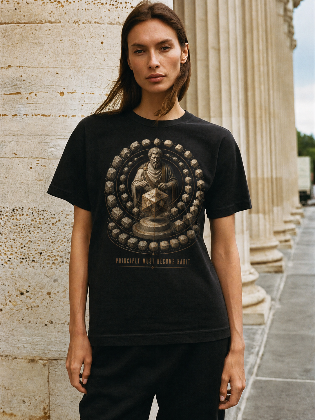 Musonius Practice Discipline black T-shirt — female Athens lifestyle shot 04
