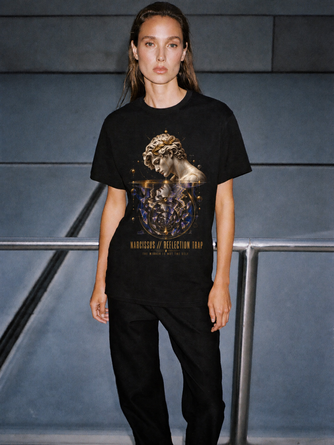 Narcissus Reflection Trap black T-shirt — female Athens lifestyle shot 04