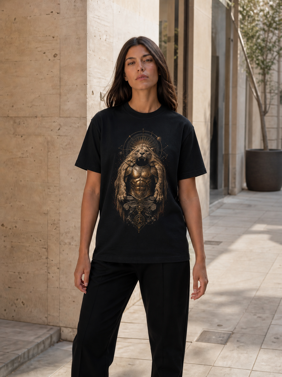 Nemean Lion Mantle black T-shirt — female Athens lifestyle shot 04