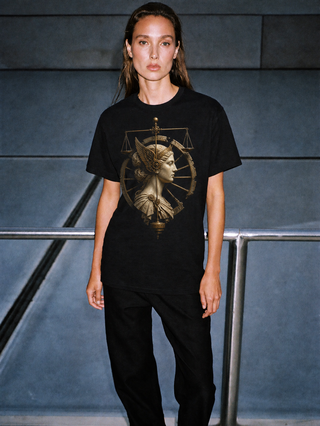 Nemesis Wheel black T-shirt — female Athens lifestyle shot 04