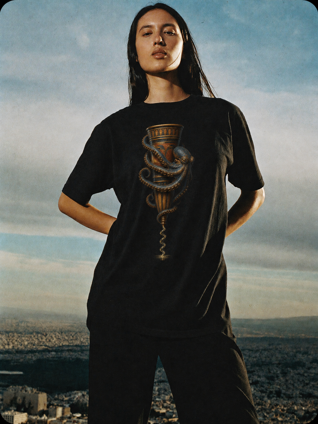 Octopus Rhyton T-Shirt — female lifestyle scene 2 in Athens