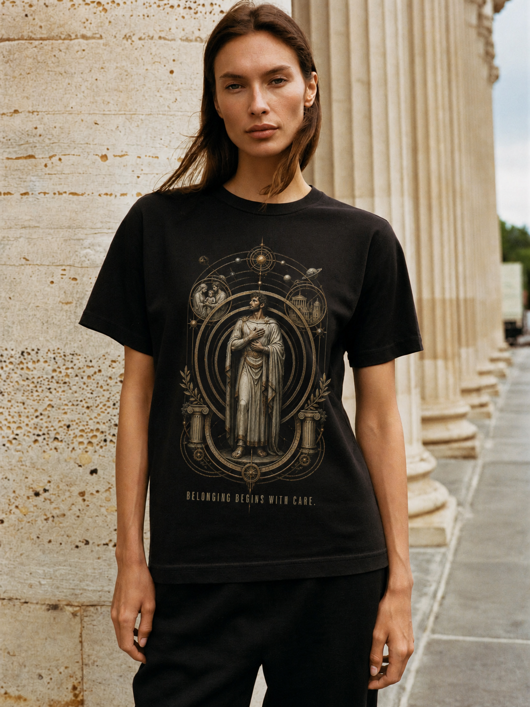 Oikeiosis Expanding Circle black T-shirt — female Athens lifestyle shot 04