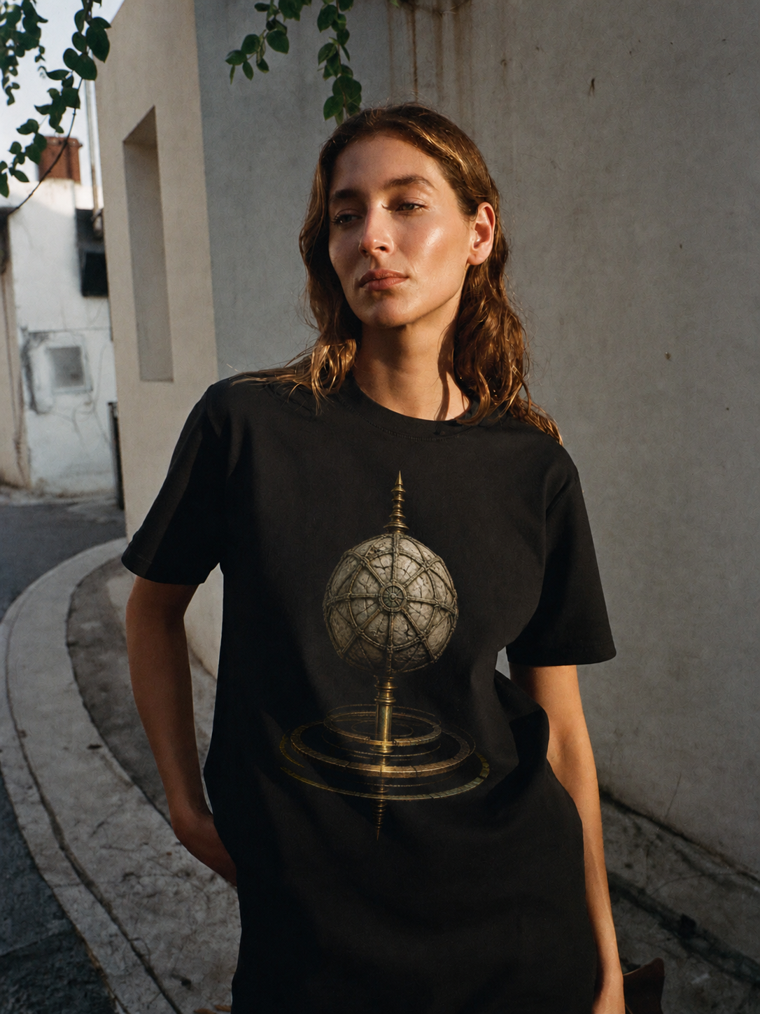 Omphalos World Axis black T-shirt — female Athens lifestyle shot 04