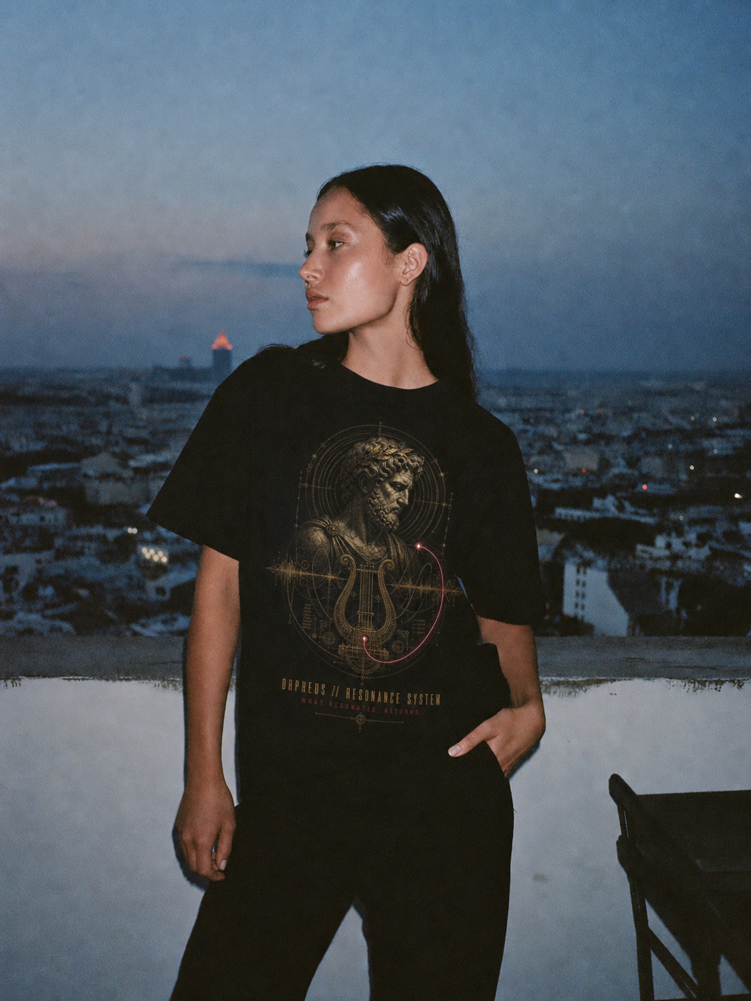Orpheus Resonance System black T-shirt — female Athens lifestyle shot 04