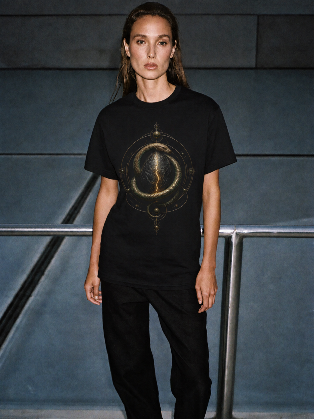 Orphic Cosmic Egg black T-shirt — female Athens lifestyle shot 04