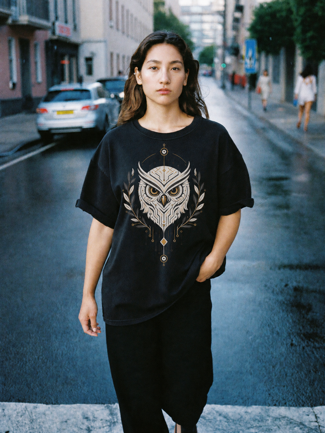Owl of Wisdom black T-shirt — female Athens lifestyle view 2
