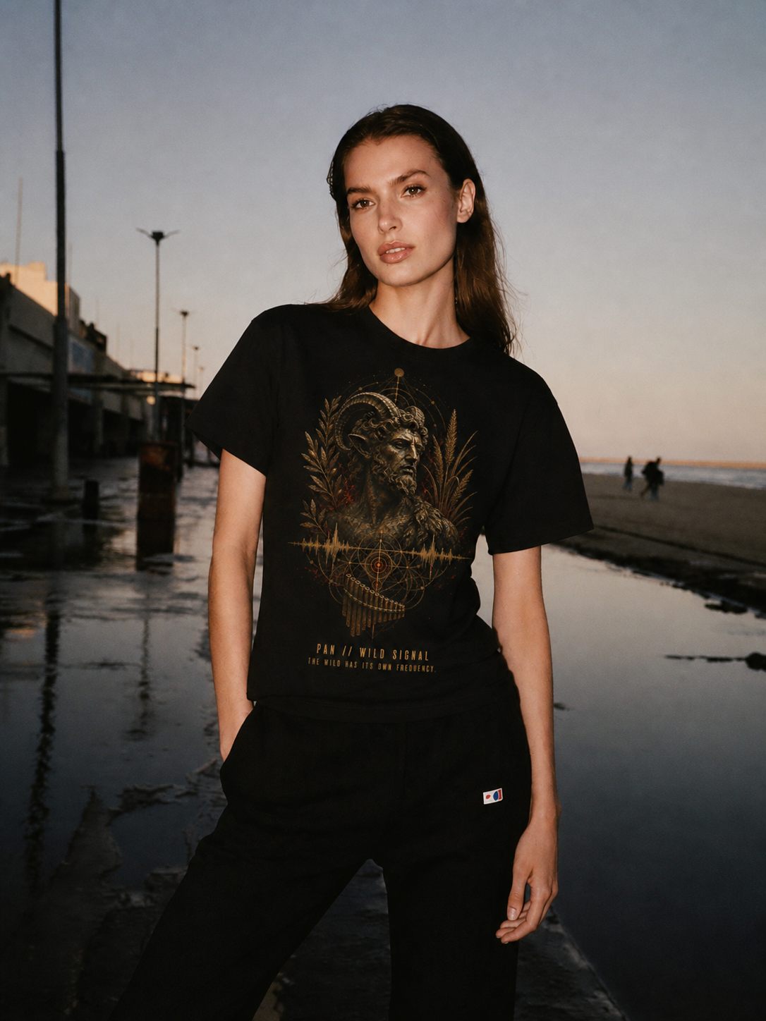 Pan Wild Signal black T-shirt — female Athens lifestyle shot 04