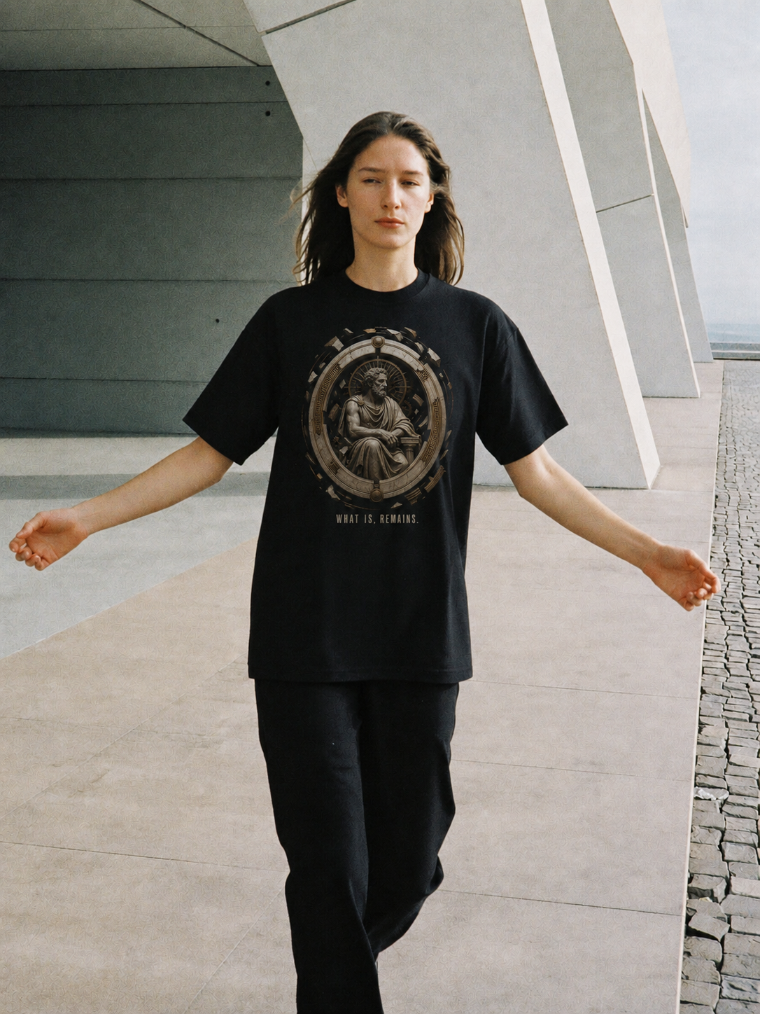 Parmenides Being State black T-shirt — female Athens lifestyle shot 04