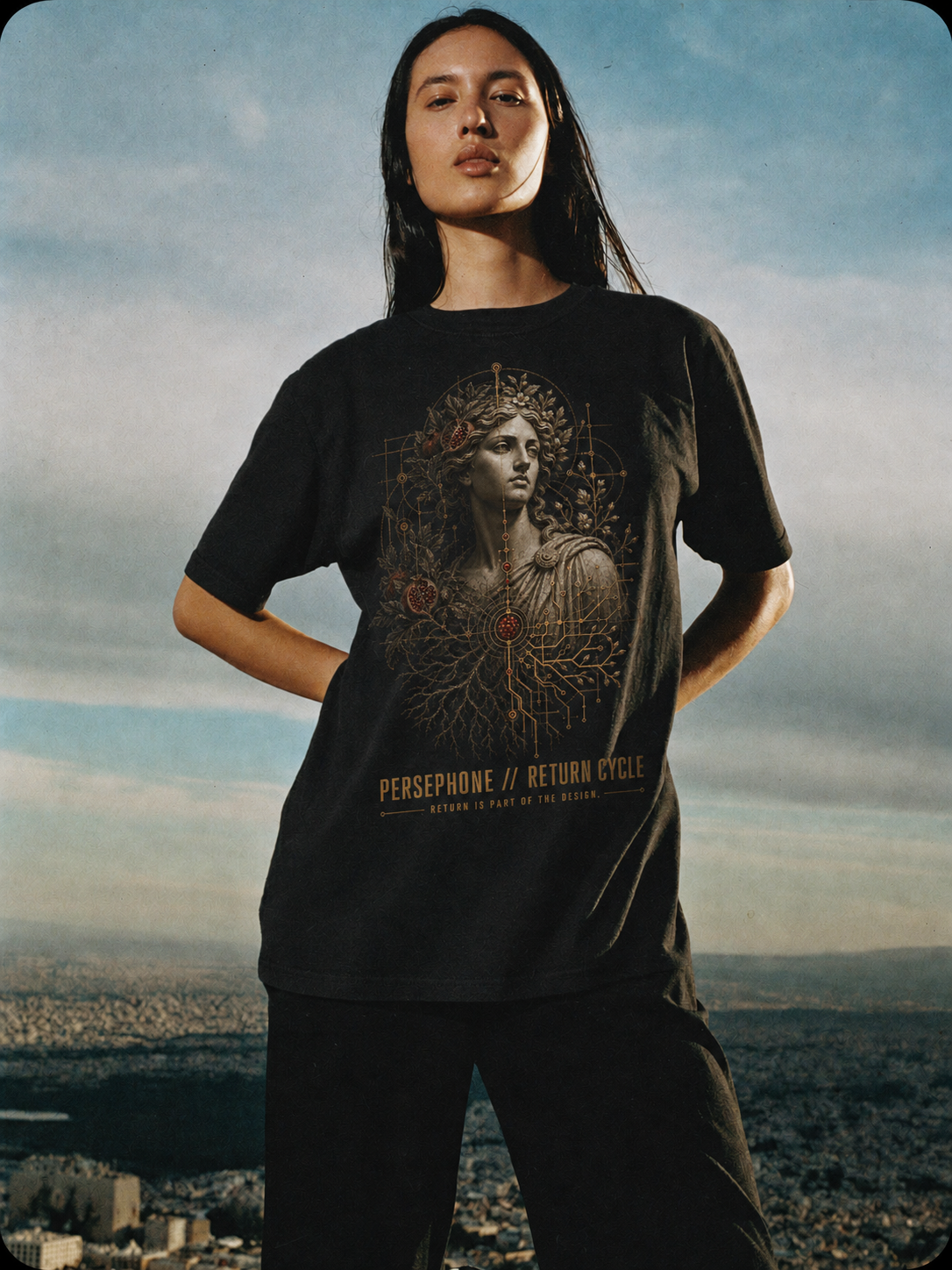 Persephone Return Cycle black T-shirt — female Athens lifestyle shot 04