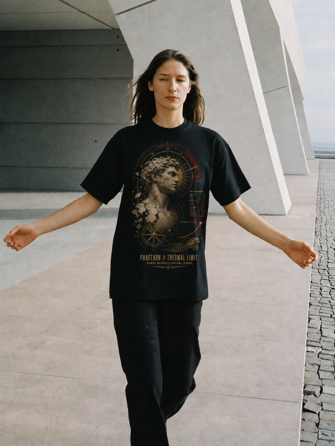 Phaethon Thermal Limit black T-shirt — female Athens lifestyle shot 04