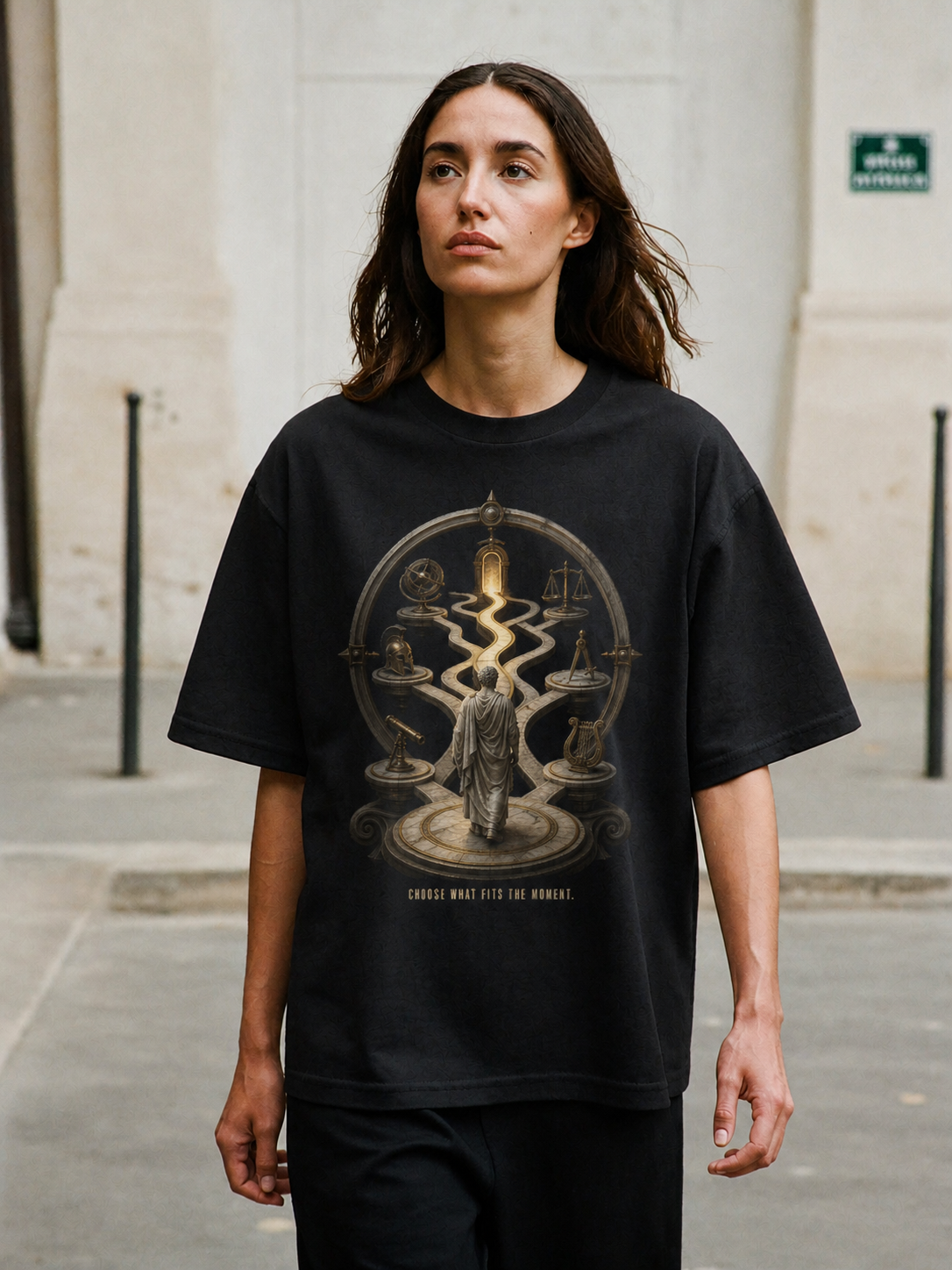 Phronesis Practical Wisdom black T-shirt — female Athens lifestyle shot 04