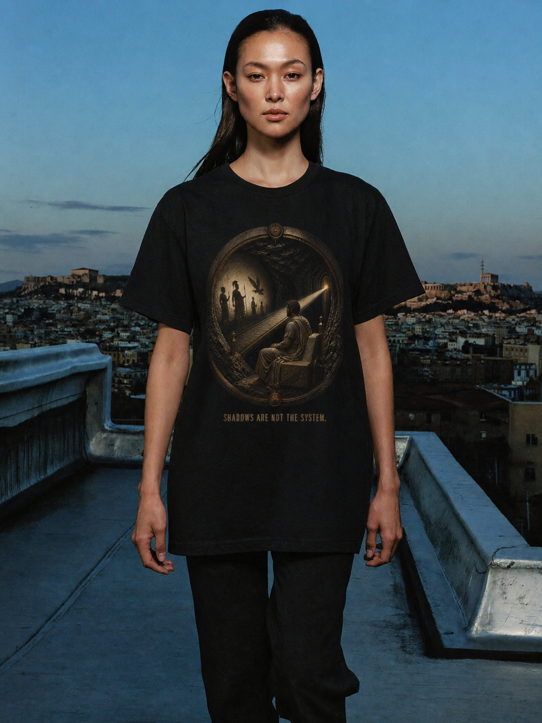 Plato Cave Protocol black T-shirt — female Athens lifestyle shot 04