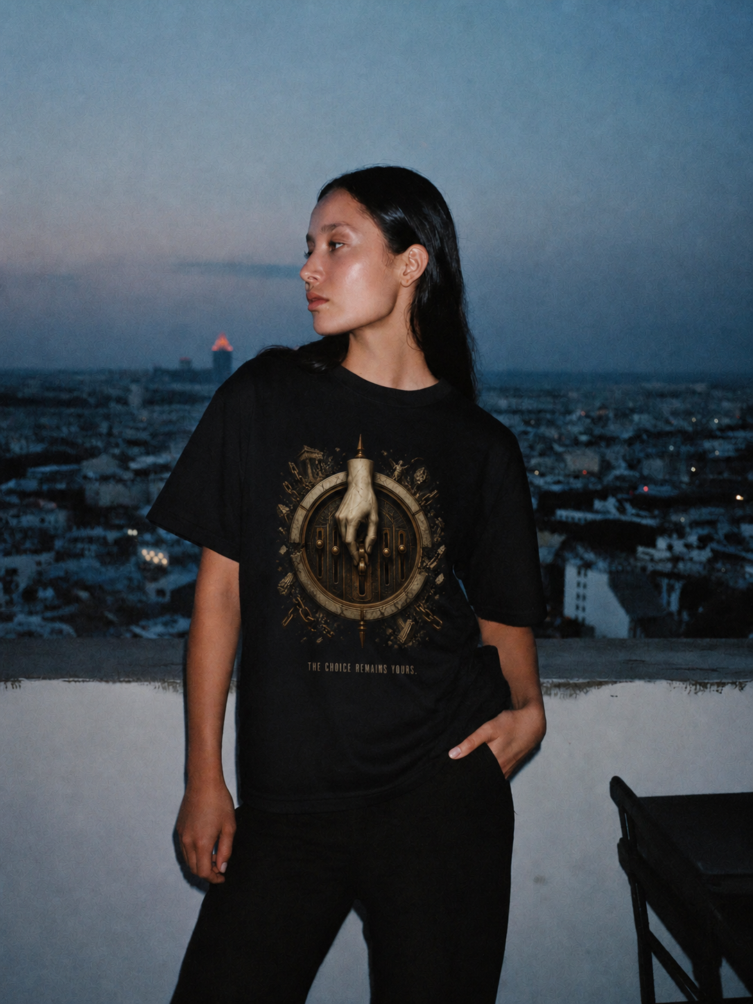 Prohairesis Inner Command black T-shirt — female Athens lifestyle shot 04