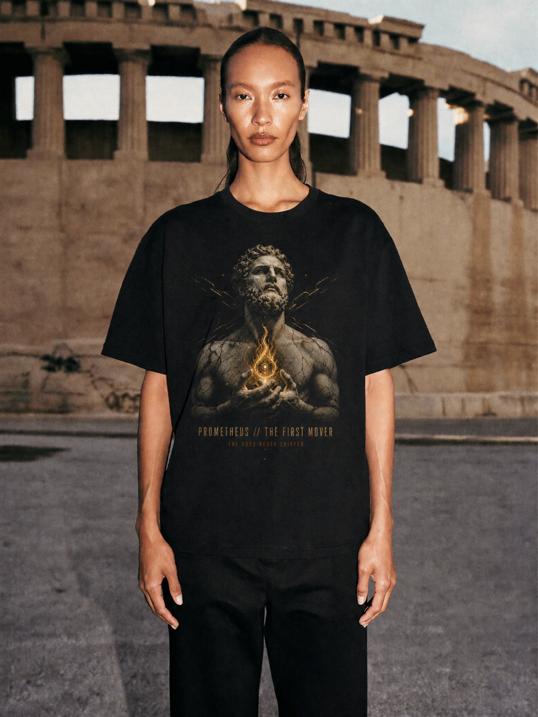 Prometheus First Mover black T-shirt — female Athens lifestyle view 2