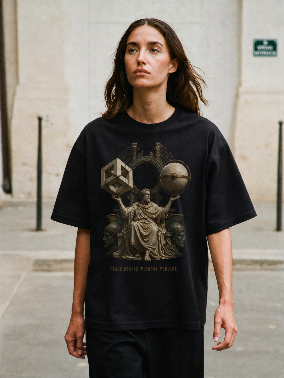 Pyrrho Suspension Mode black T-shirt — female Athens lifestyle shot 04