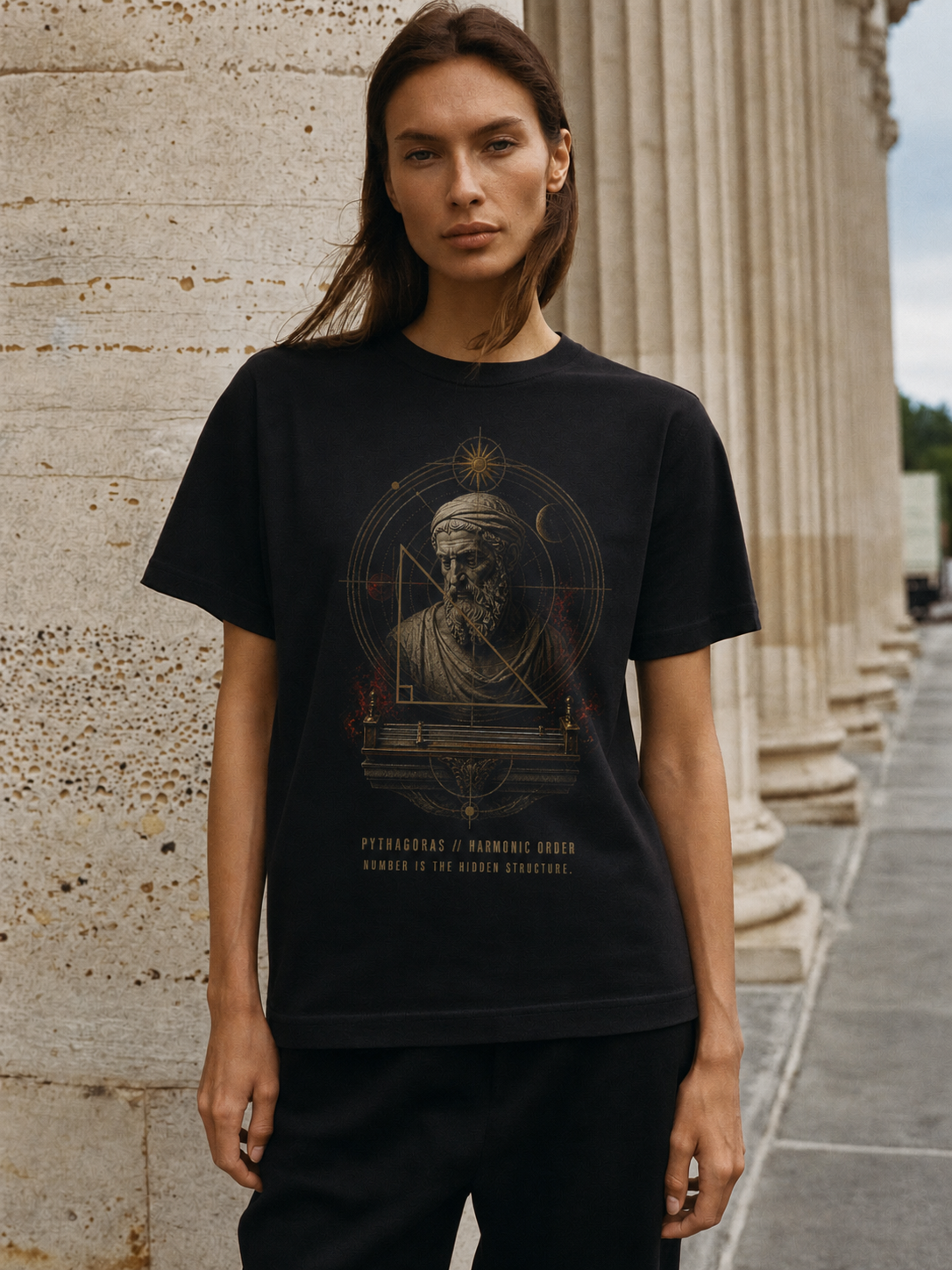 Pythagoras Harmonic Order black T-shirt — female Athens lifestyle shot 04