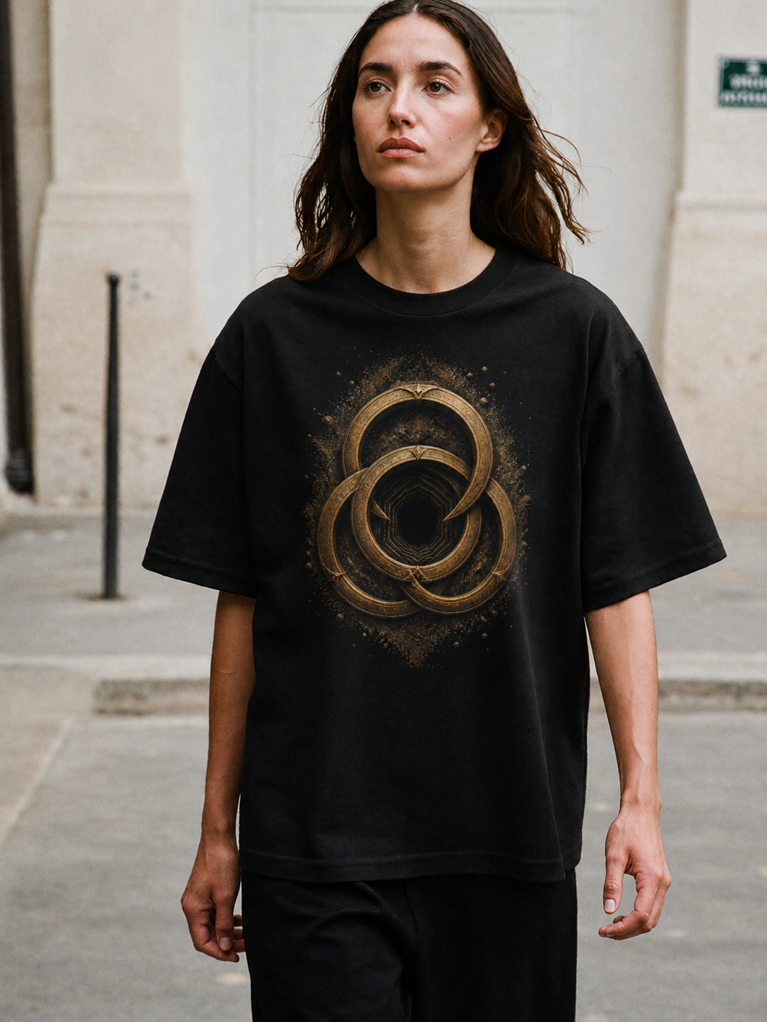 Samothrace Ring Portal black T-shirt — female Athens lifestyle shot 04
