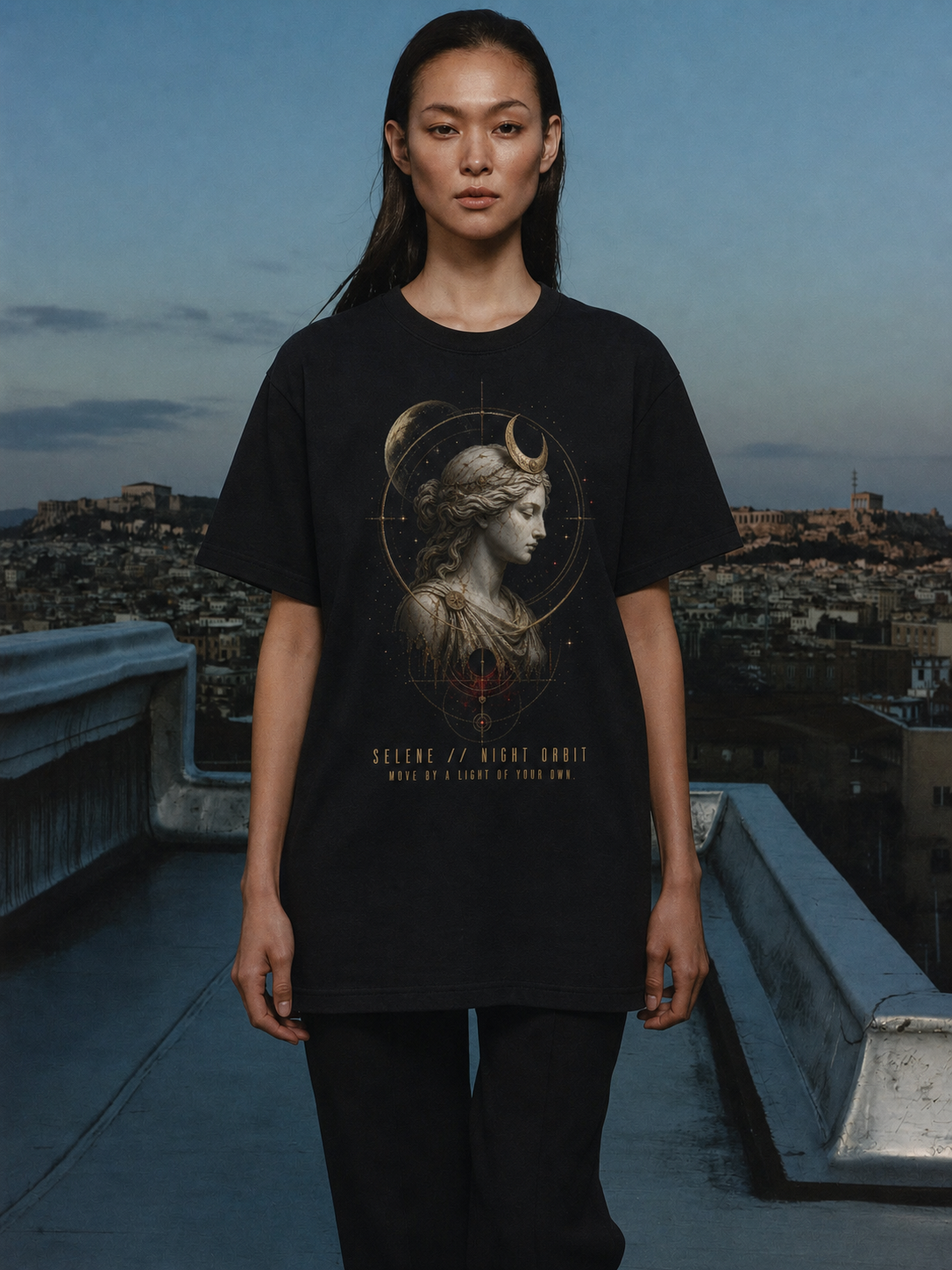 Selene Night Orbit black T-shirt — female Athens lifestyle shot 04