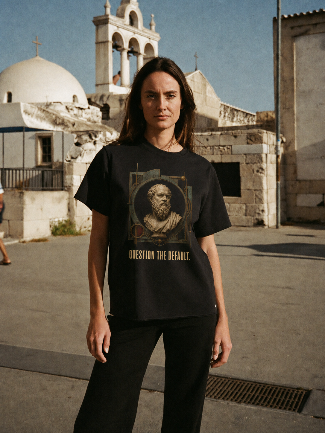Socrates Examined Life black T-shirt — female Athens lifestyle shot 04