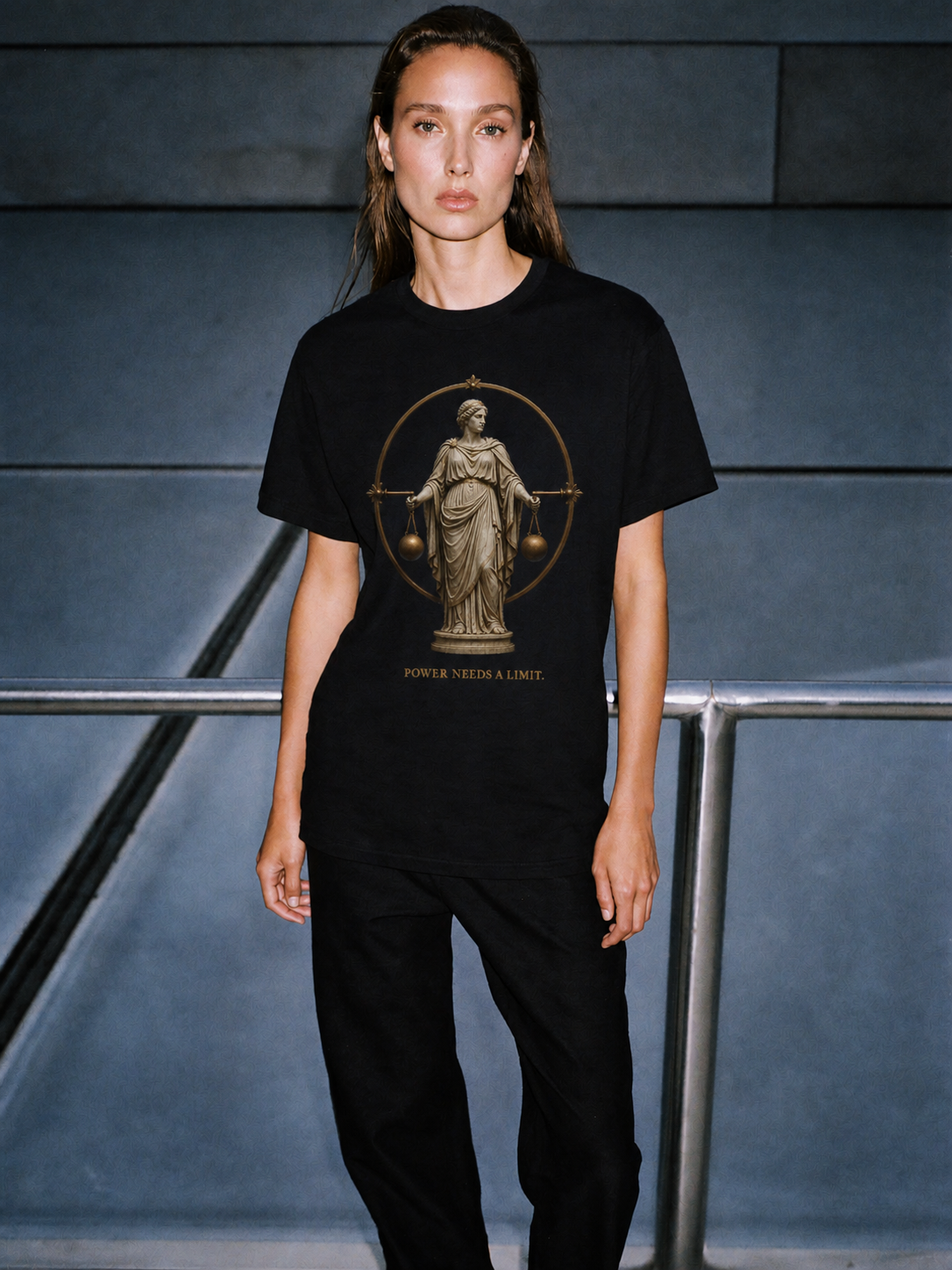 Sophrosyne Measure Within black T-shirt — female Athens lifestyle shot 04