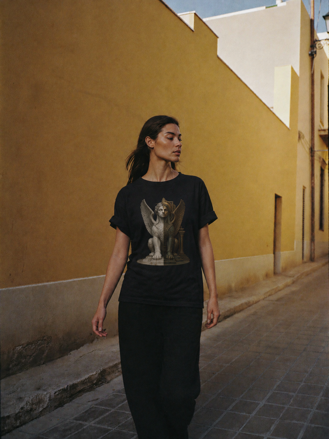 Sphinx Gate black T-shirt — female Athens lifestyle shot 04