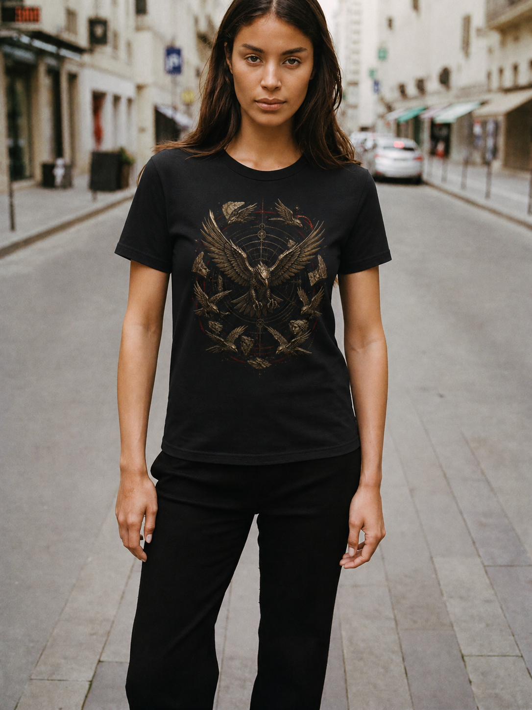 Stymphalian Metal Flock black T-shirt — female Athens lifestyle shot 04