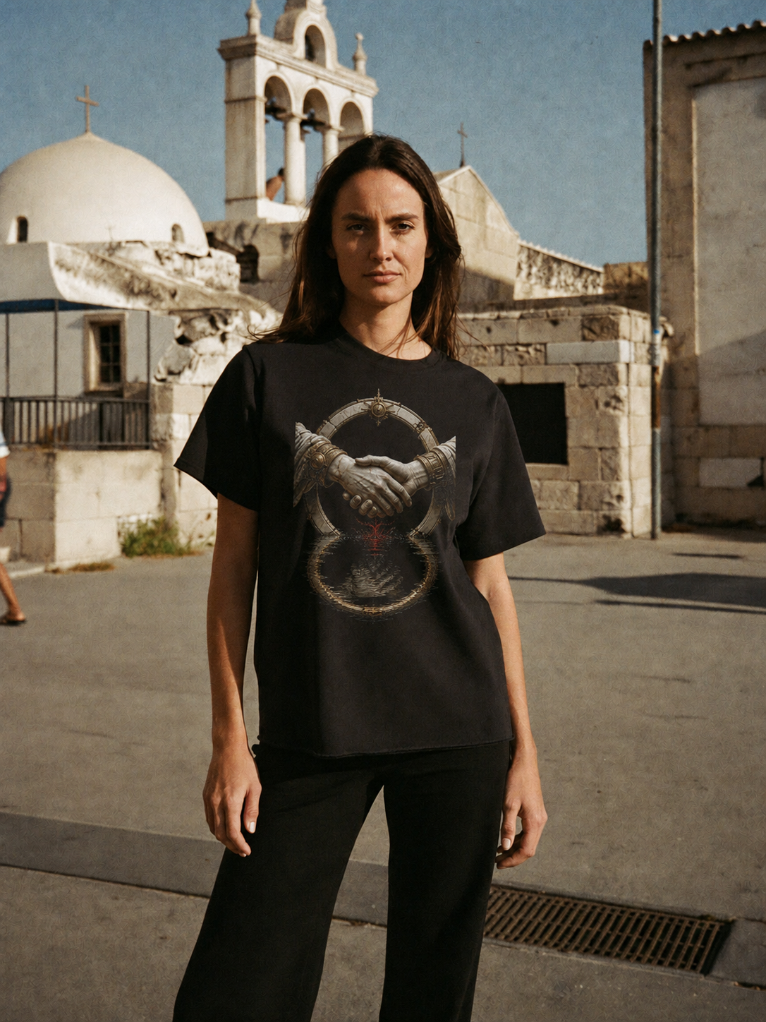 Styx Oath Current black T-shirt — female Athens lifestyle shot 04