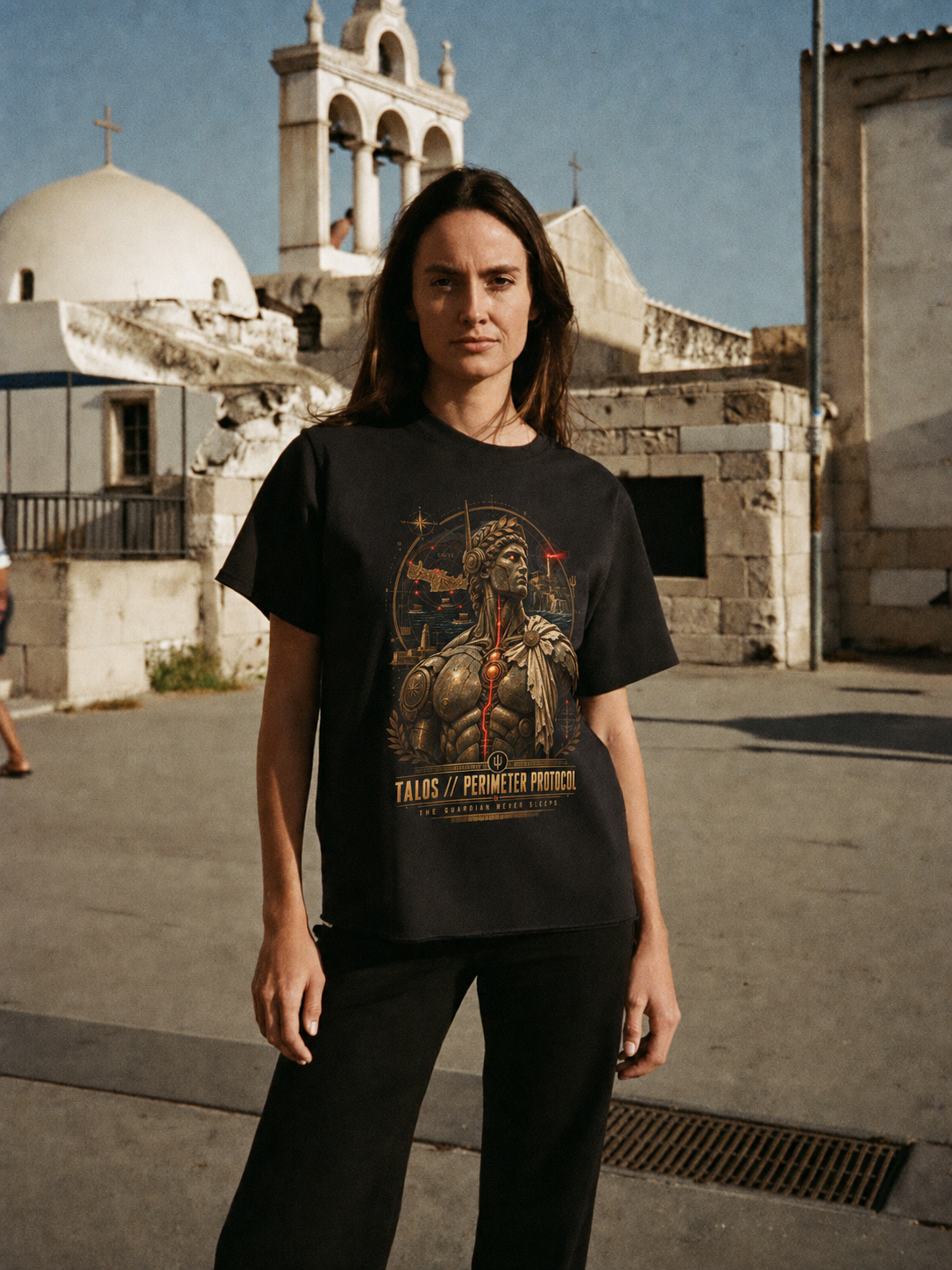 Talos Perimeter Protocol black T-shirt — female Athens lifestyle shot 04