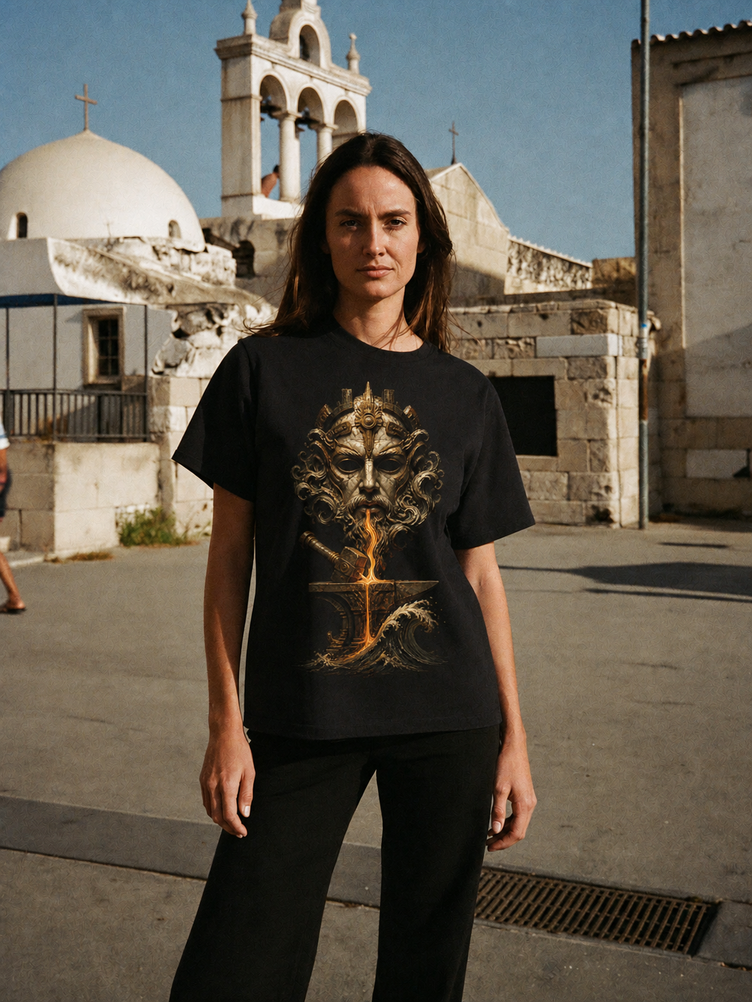 Telchines Abyssal Forge black T-shirt — female Athens lifestyle shot 04
