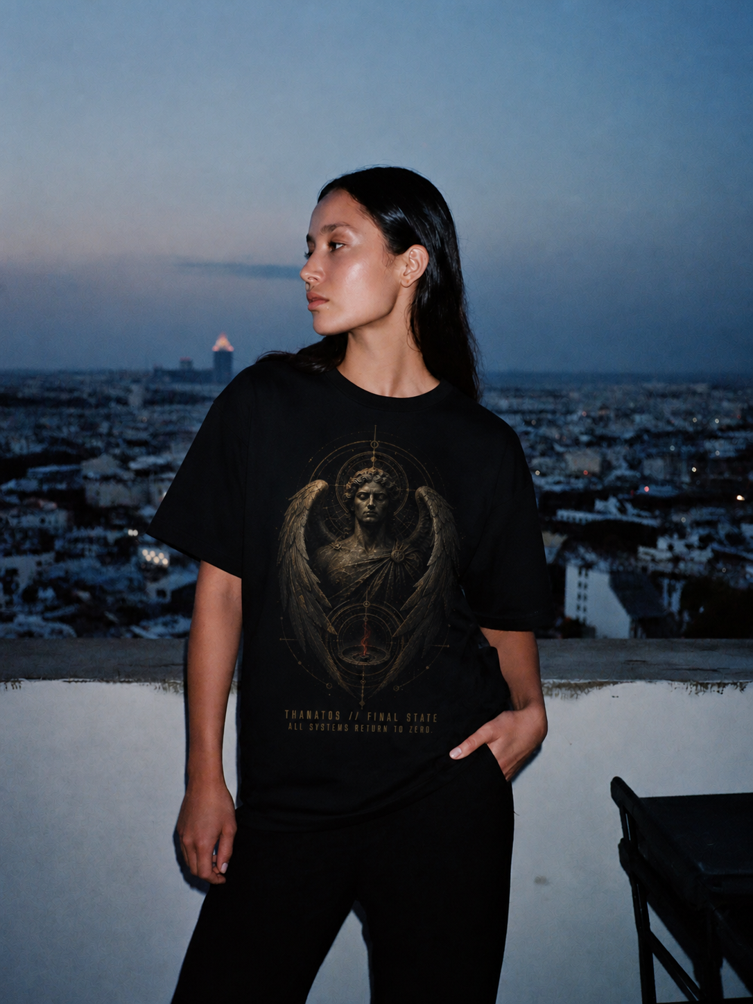 Thanatos Final State black T-shirt — female Athens lifestyle shot 04