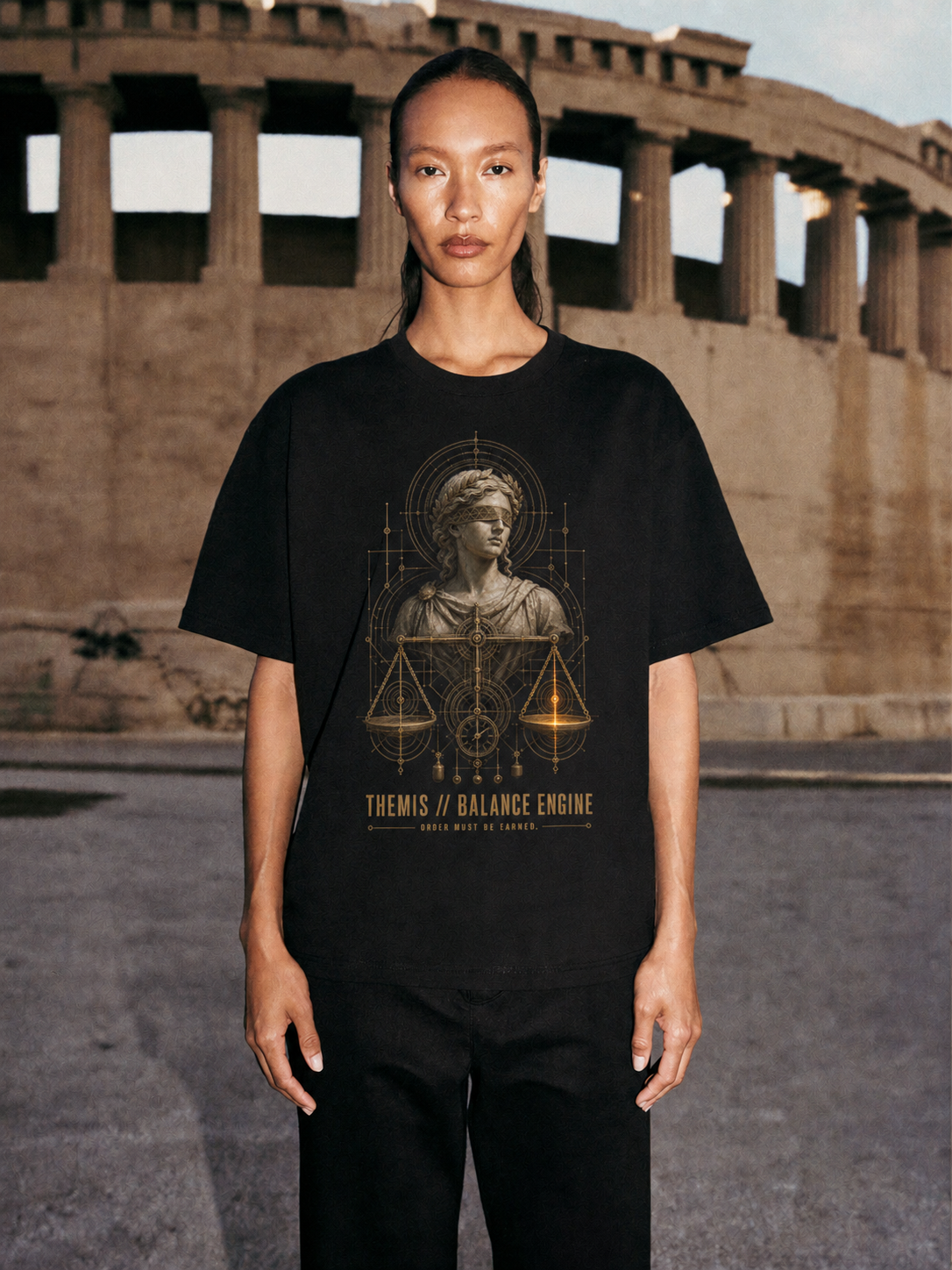 Themis Balance Engine black T-shirt — female Athens lifestyle shot 04
