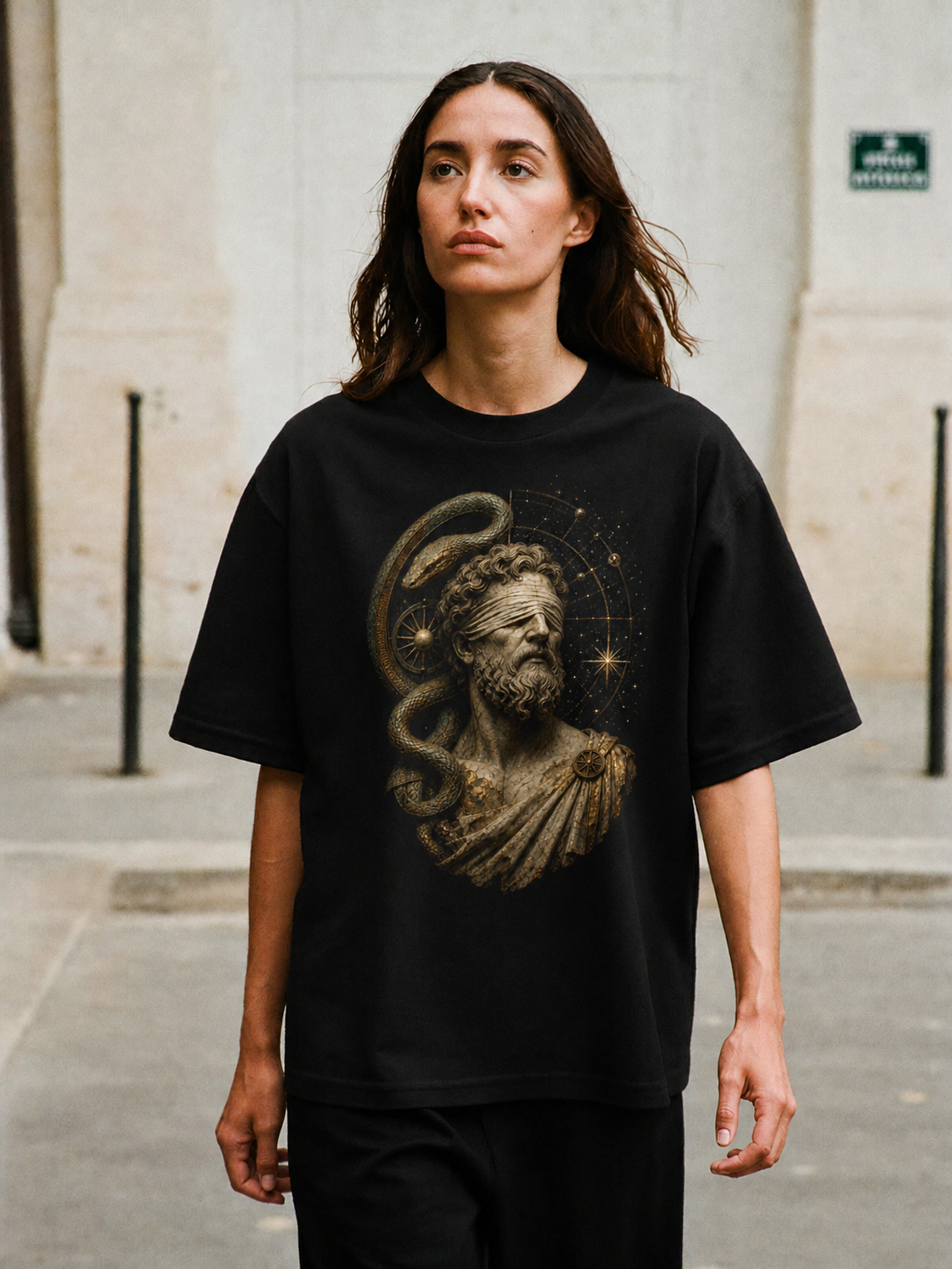 Tiresias Double Vision black T-shirt — female Athens lifestyle shot 04