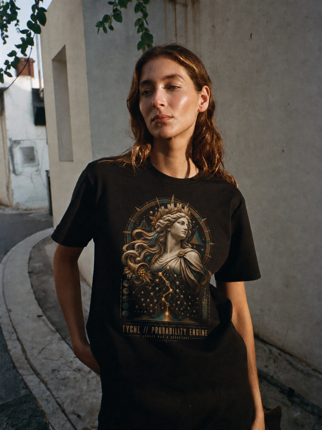 Tyche Probability Engine black T-shirt — female Athens lifestyle shot 04