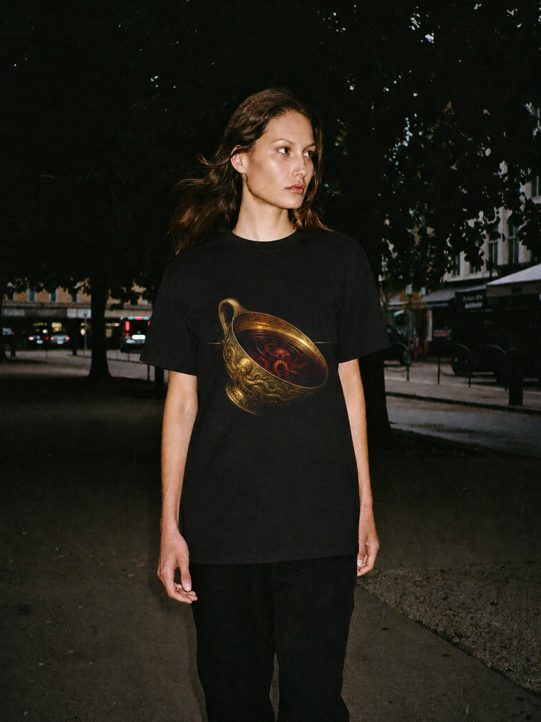 Wine-Dark Sea Cup T-Shirt — female lifestyle scene 2 in Athens