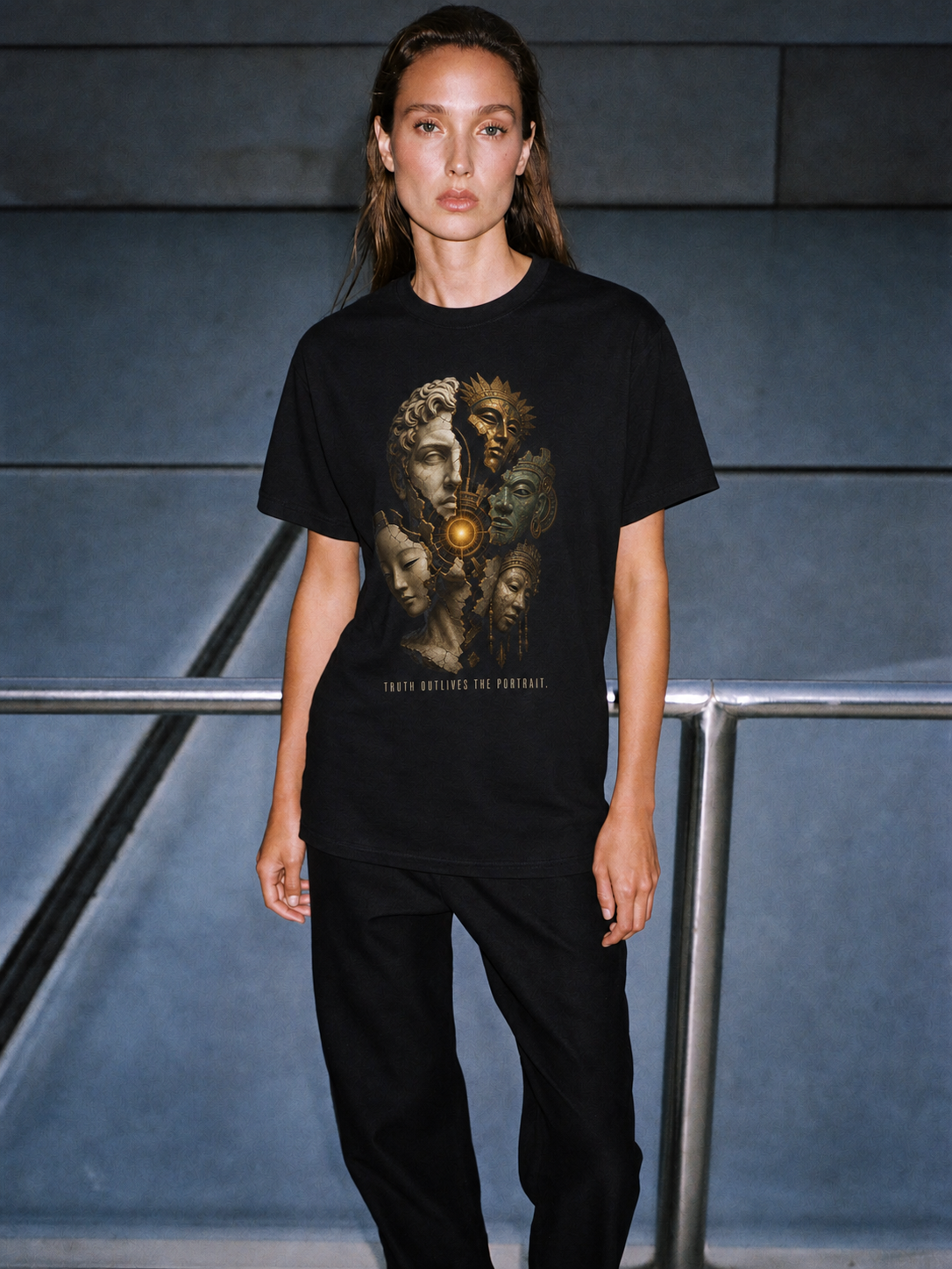Xenophanes Beyond Image black T-shirt — female Athens lifestyle shot 04