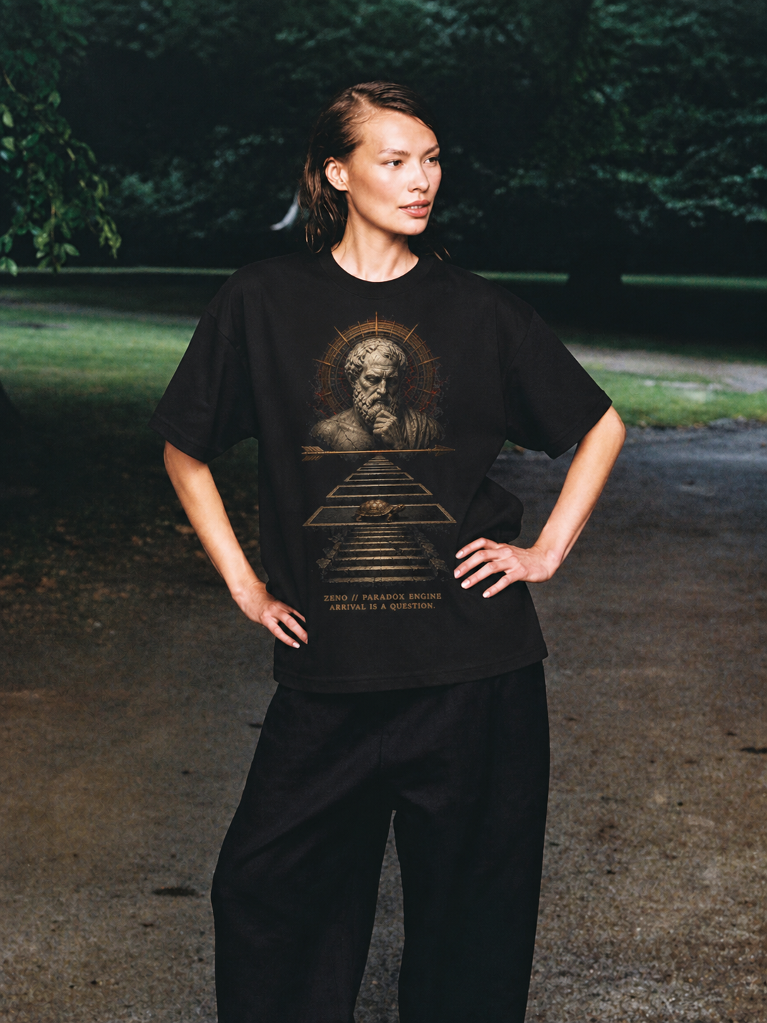 Zeno Paradox Engine black T-shirt — female Athens lifestyle shot 04