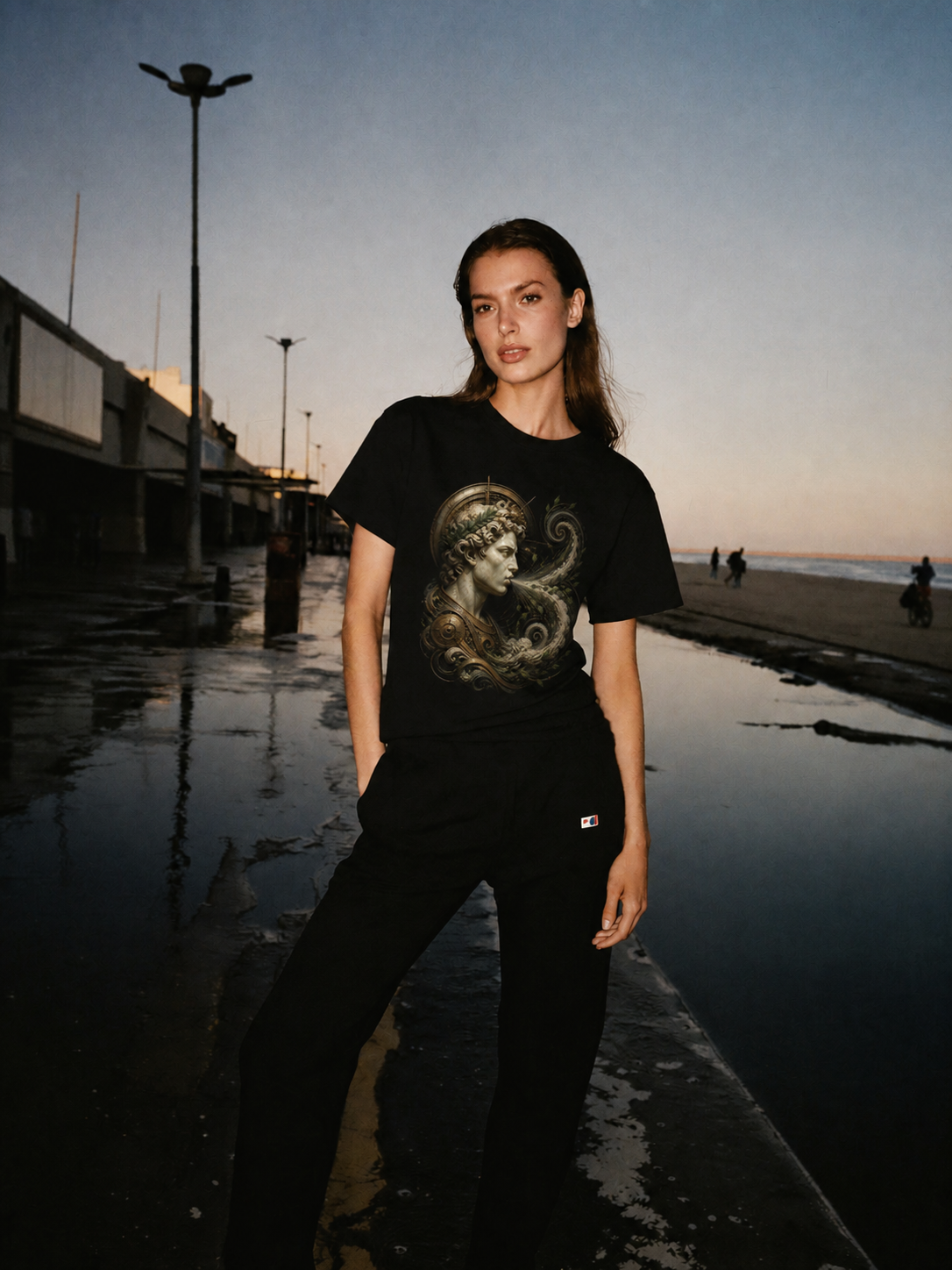 Zephyrus Spring Spiral black T-shirt — female Athens lifestyle shot 04