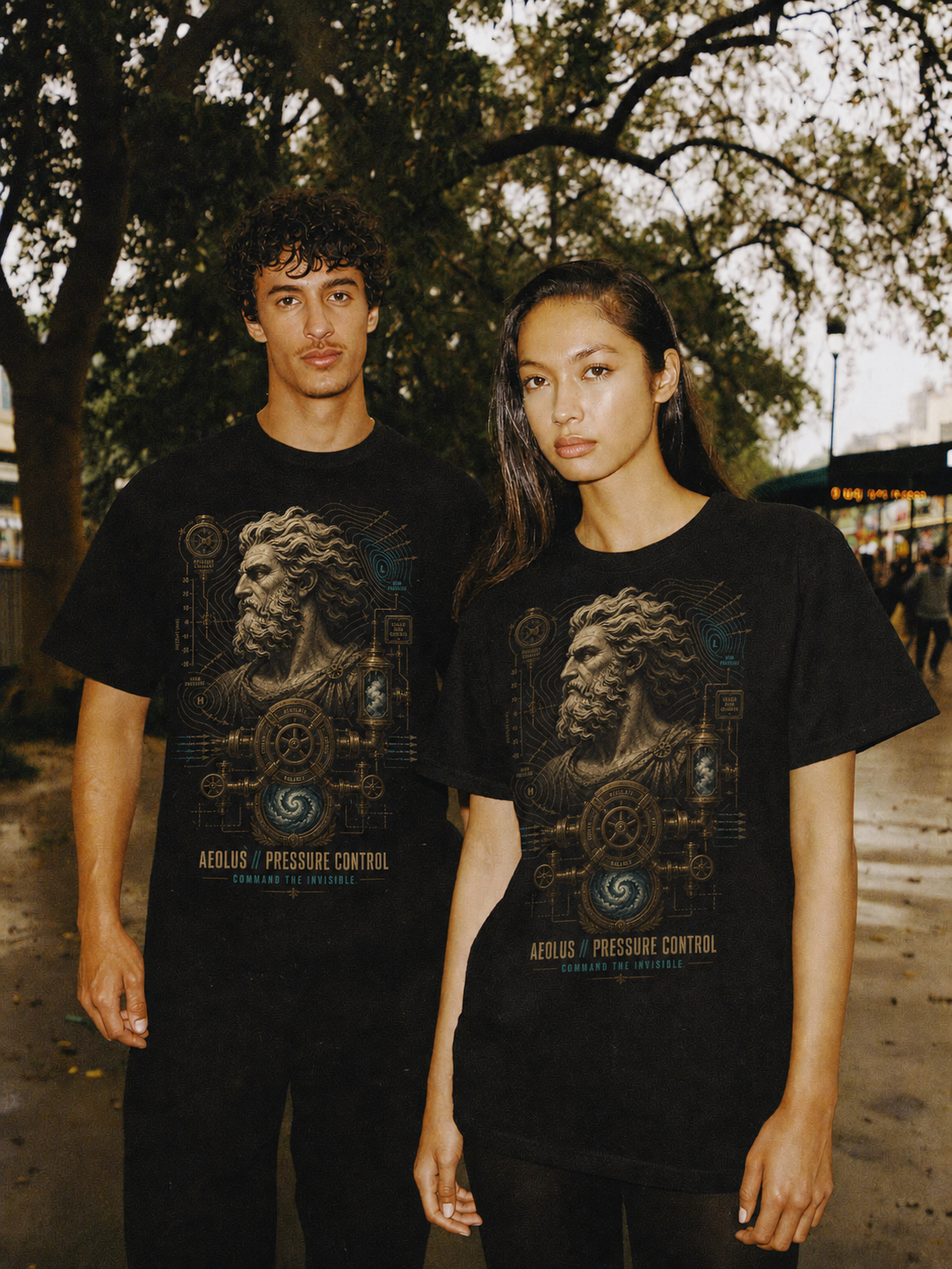 Aeolus Pressure Control black T-shirt — couple Athens lifestyle shot 05